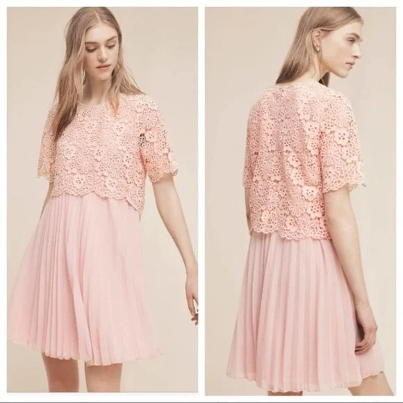 Anthropologie | Dresses | Anthropologie Moulinette Soeurs Adanne Lace Dress  Blush Pink Pleated Size Xxs | Poshmark